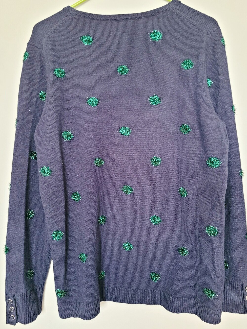 Talbots Wool Blnd Navy Crewneck Sweater with Green Tinsel Dot/Pom Accents Medium - Picture 10 of 14